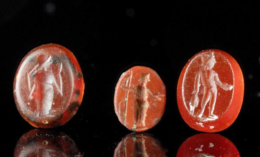 3 Roman Carnelian and Jasper Intaglios - Minerva, Hercules, Libation Deity