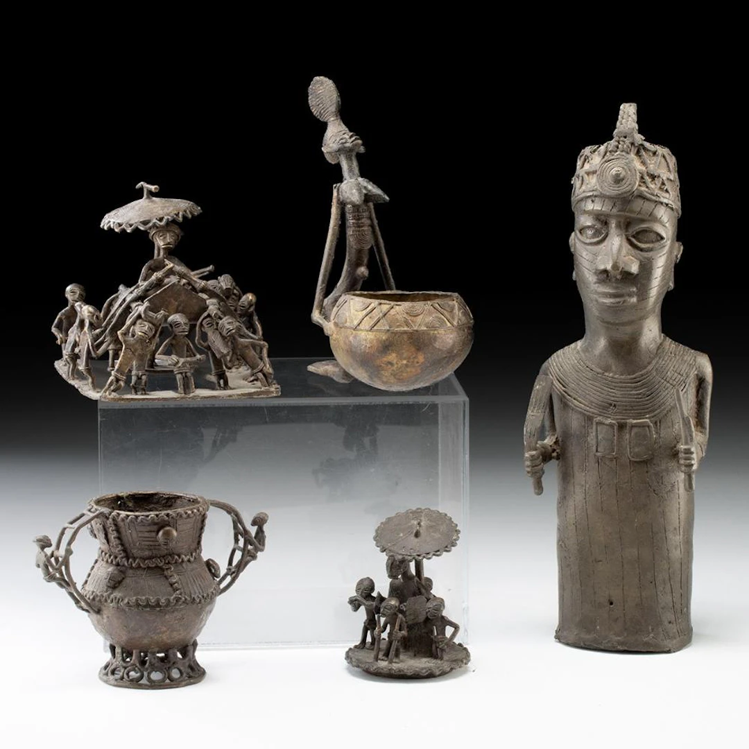 Benin Style Cast Figural Group, Oba Head and Court Scenes