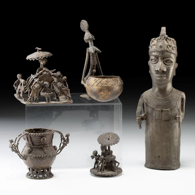 Benin Style Cast Figural Group, Oba Head and Court Scenes