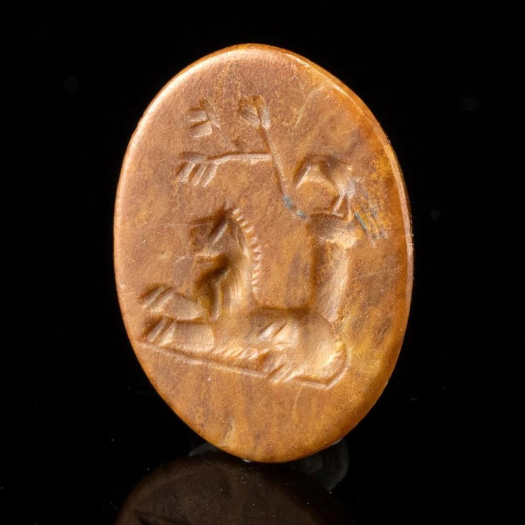 Roman Chalcedony Intaglio - Recumbent Lion & Bird on Pillar