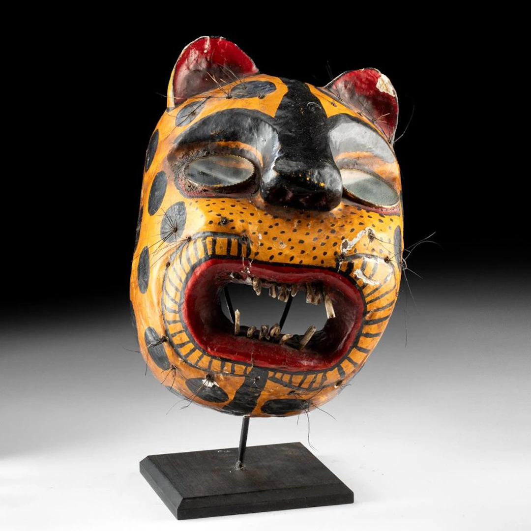 Mexican Danza del Tigre Jaguar Mask, Guerrero, w/ Stand