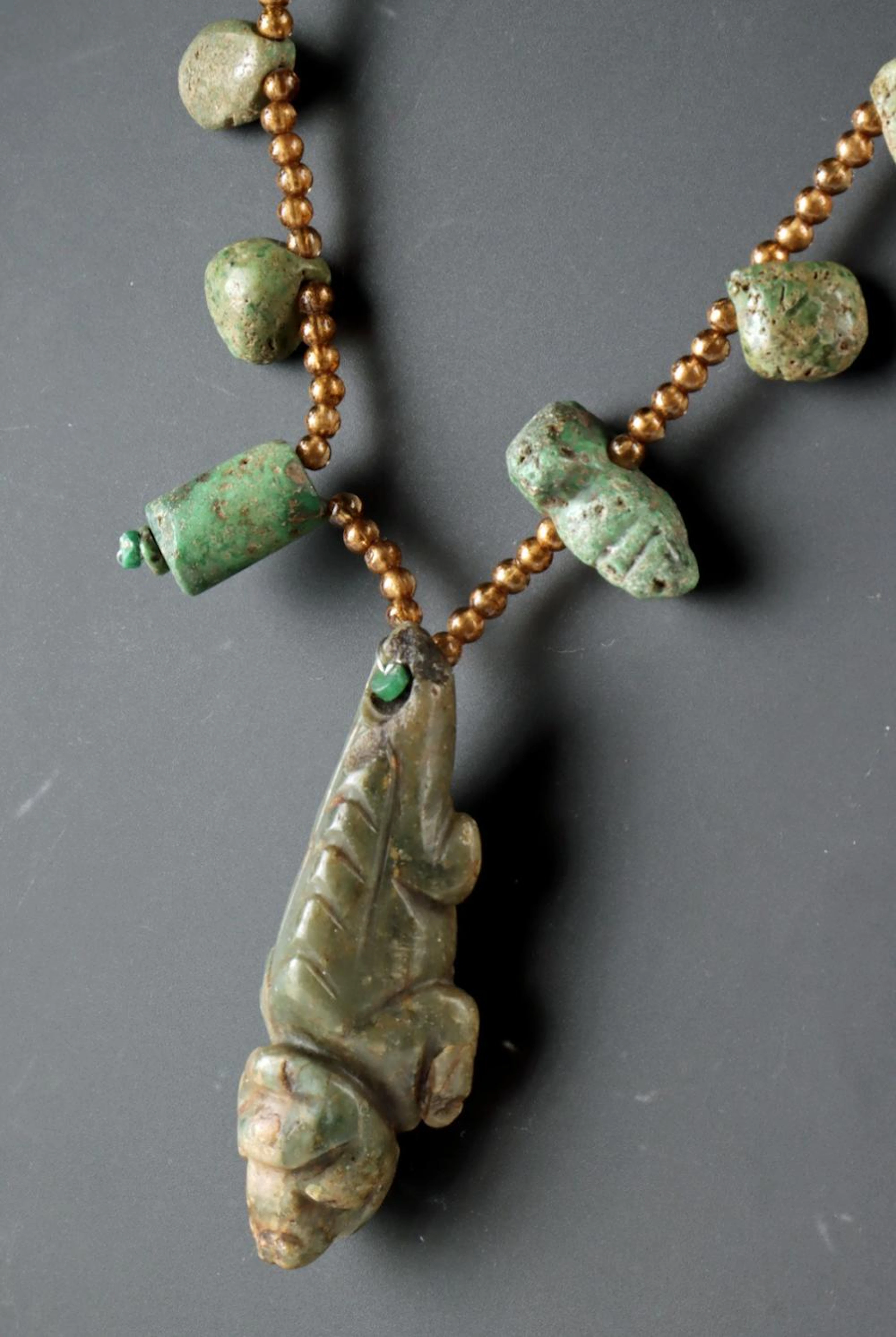 Costa Rican Stone Caiman Pendant Necklace w/ Roman Bead