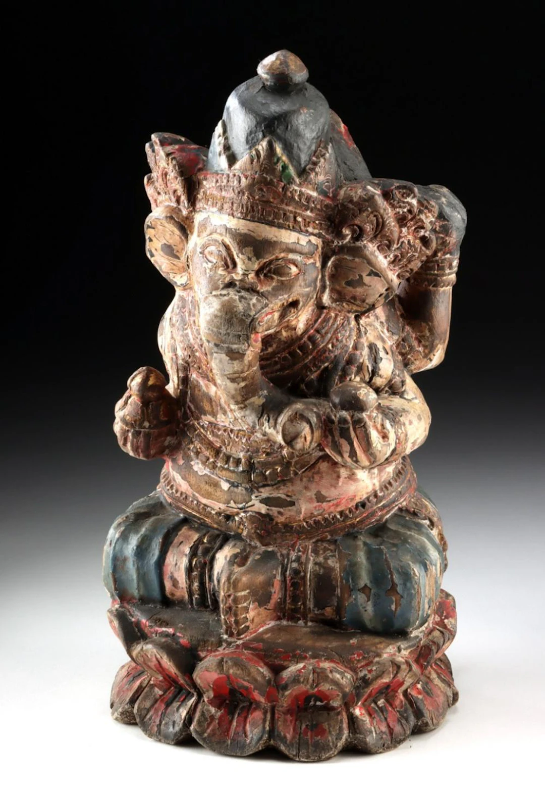 Indian Carved Wood Ganesh in Lotus Pose, Four Arms