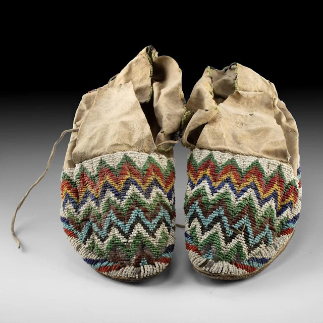 19th C. Native American Beaded Hide Moccasins - Zigzag Lane-Stitched