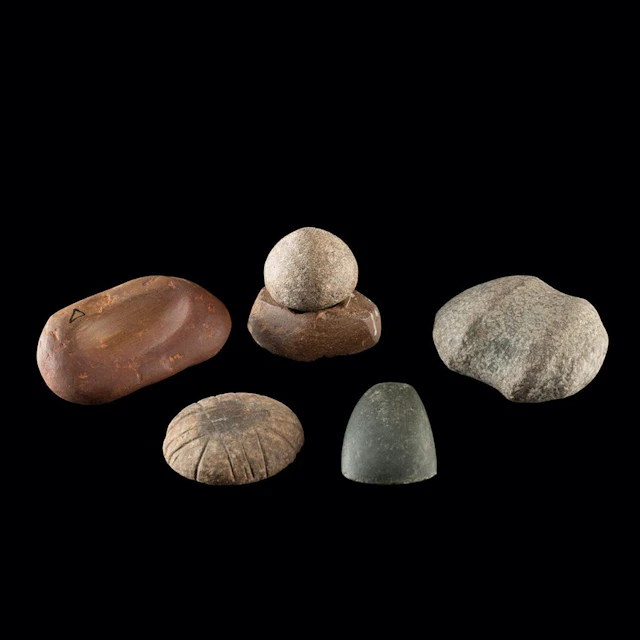 6 Archaic to Woodland Stone Tools - Nutting Stones, Axe Heads, Grinder