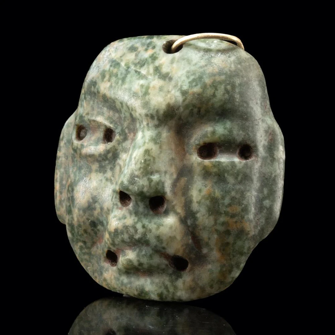 Olmec Greenstone Were-Jaguar Maskette Pendant w/ Gold Hoop