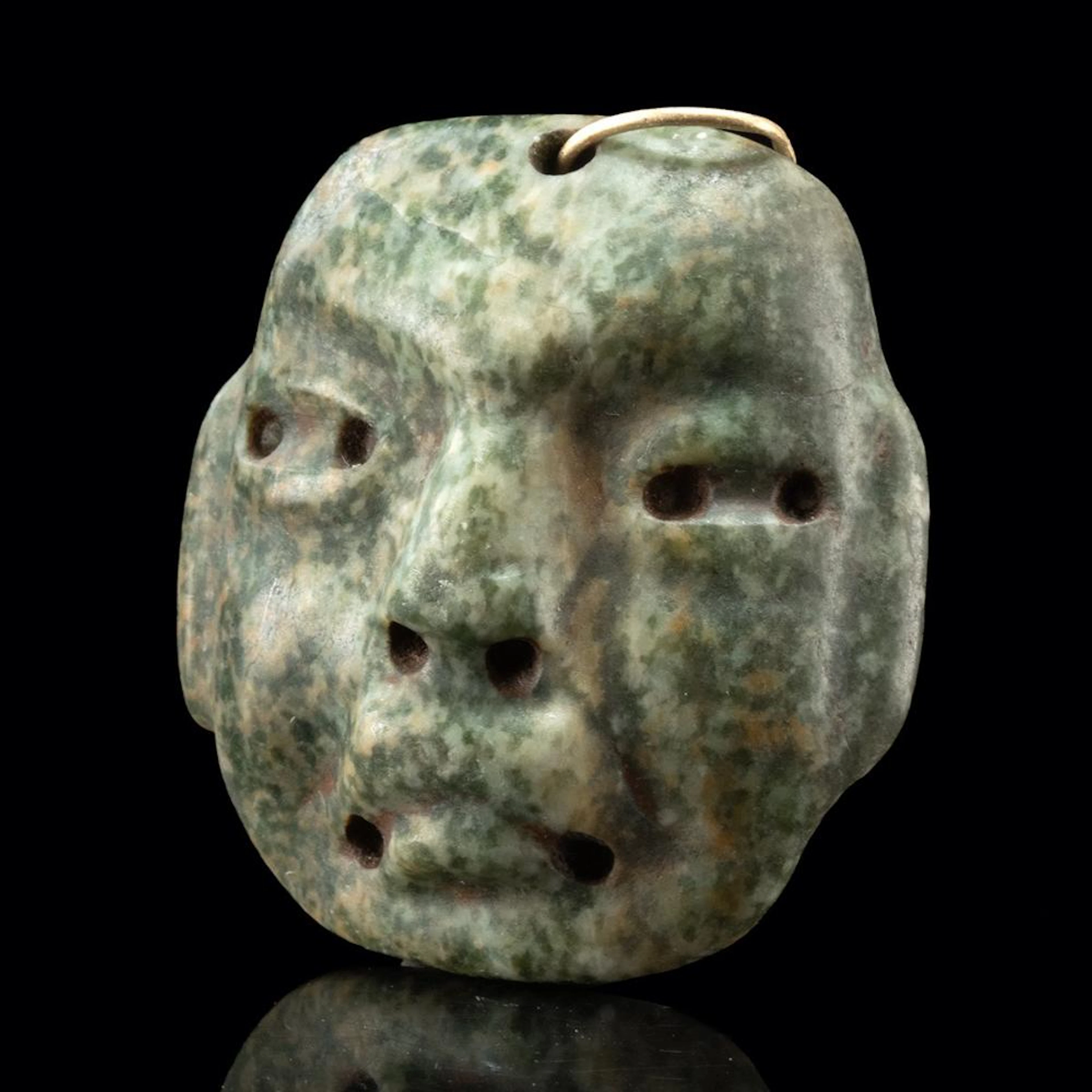 Olmec Greenstone Were-Jaguar Maskette Pendant w/ Gold Hoop