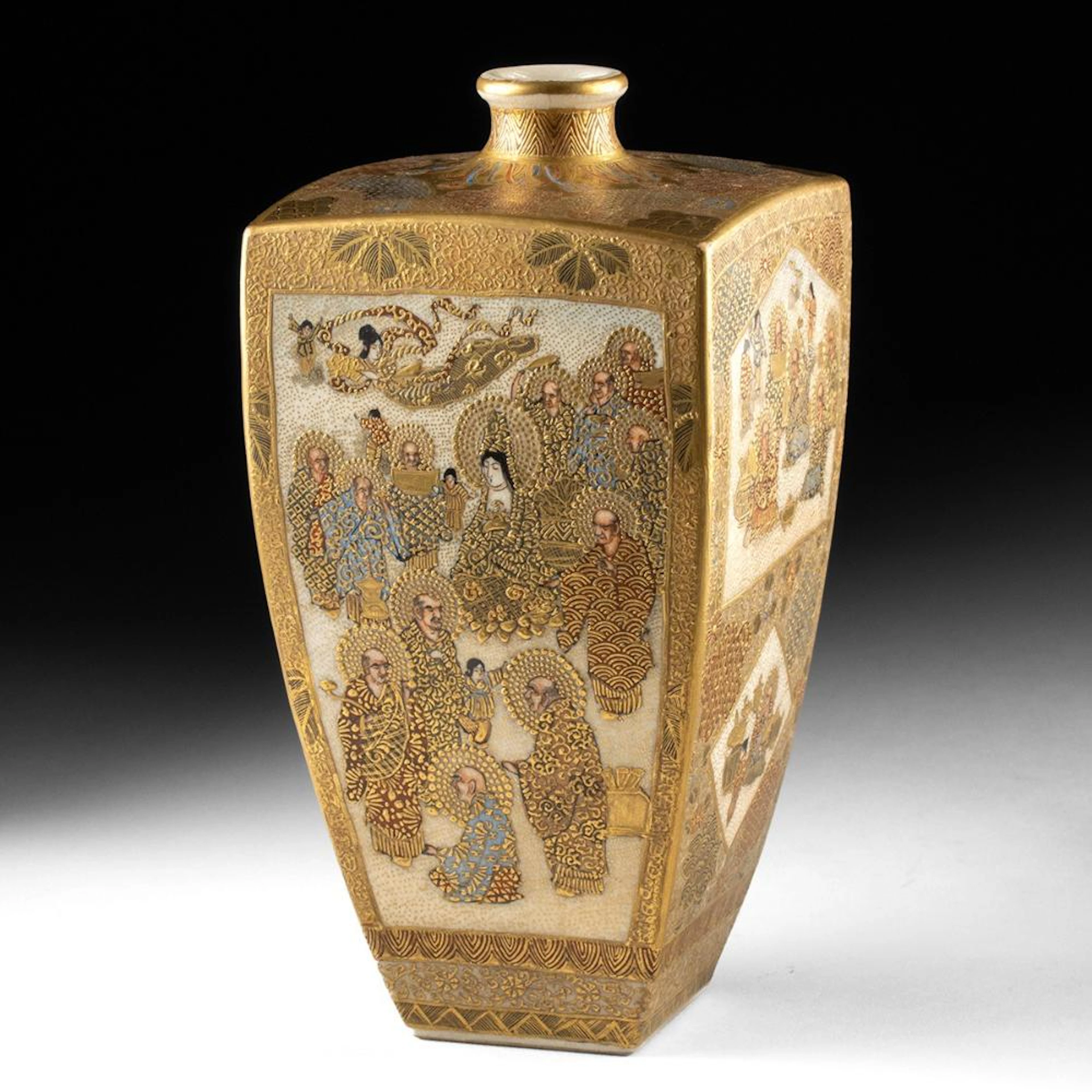 Japanese Meiji Satsuma Square Vase with Gilt Rakan Figures