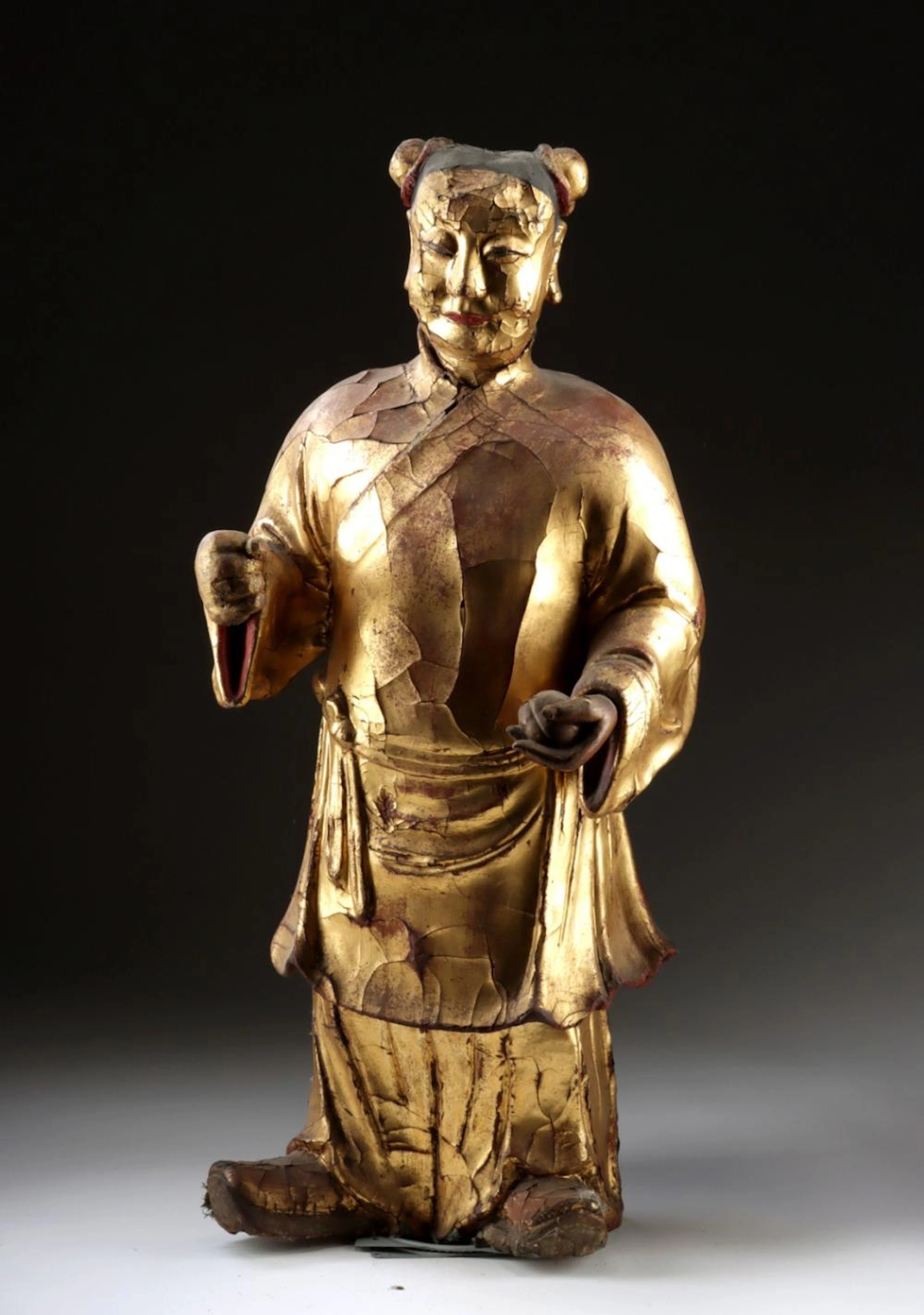 Qing Dynasty Gilt Lacquer Papier-Mache Temple Attendant Figure with Peach