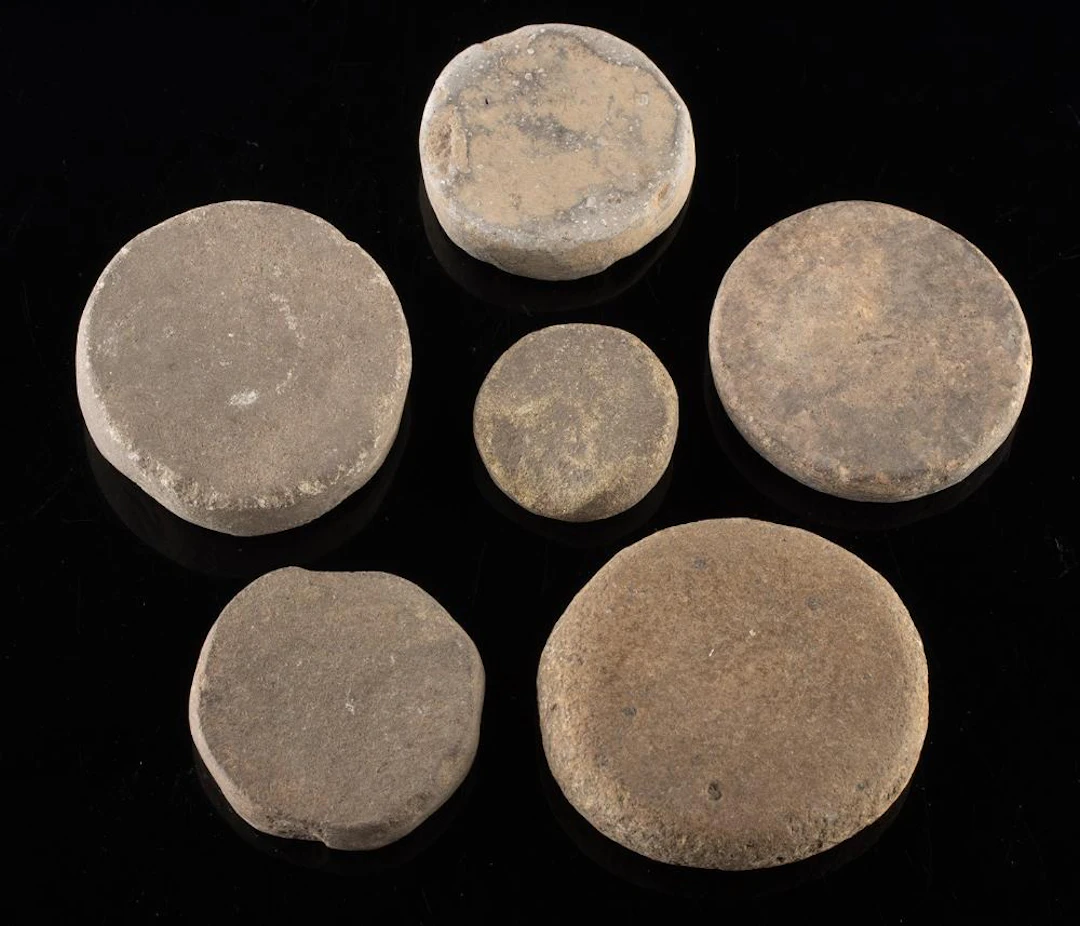 Six Mississippian Pottery & Stone Game Discoidals