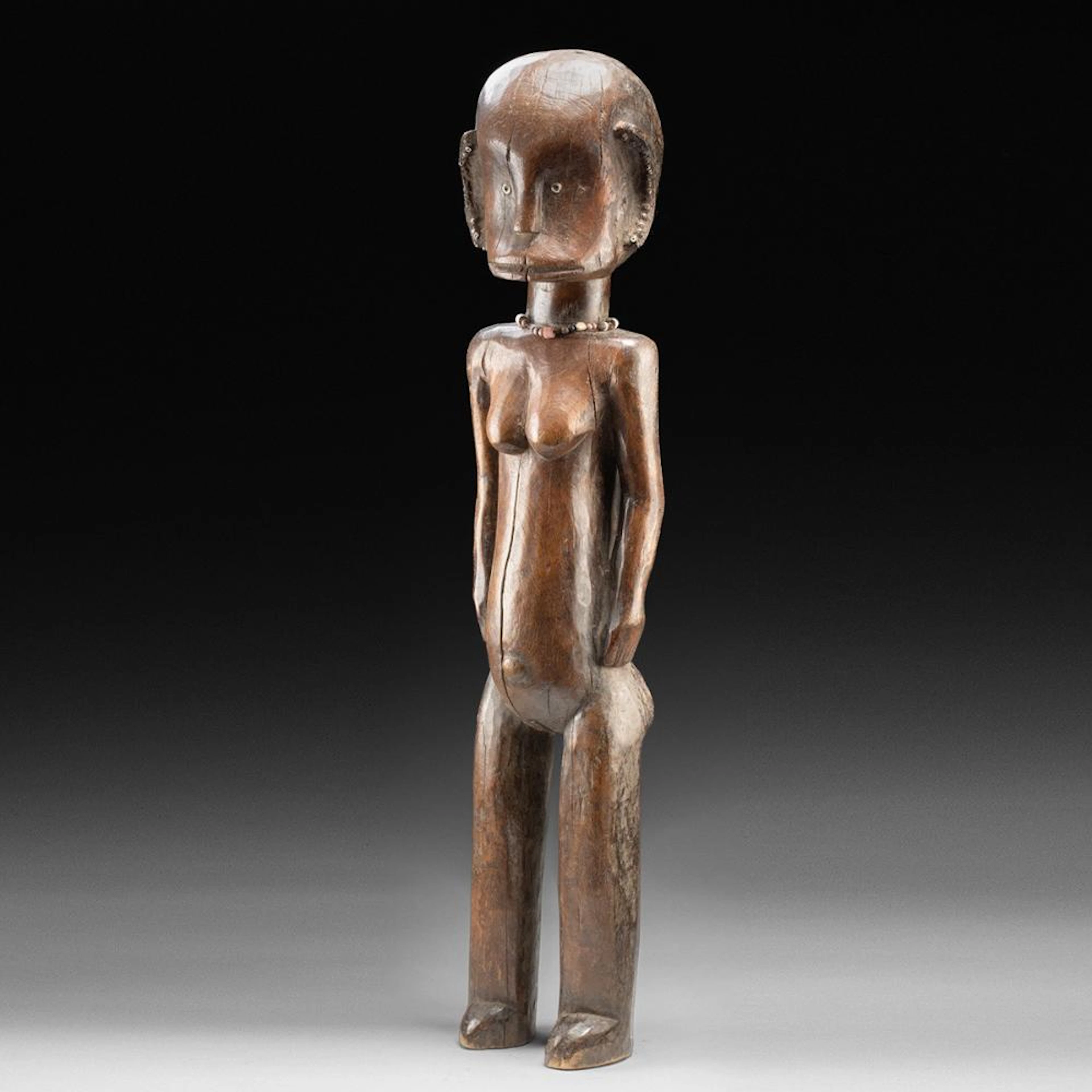 Tanzanian Wood Nude Female Figure - Shell Eyes, Bead Necklace