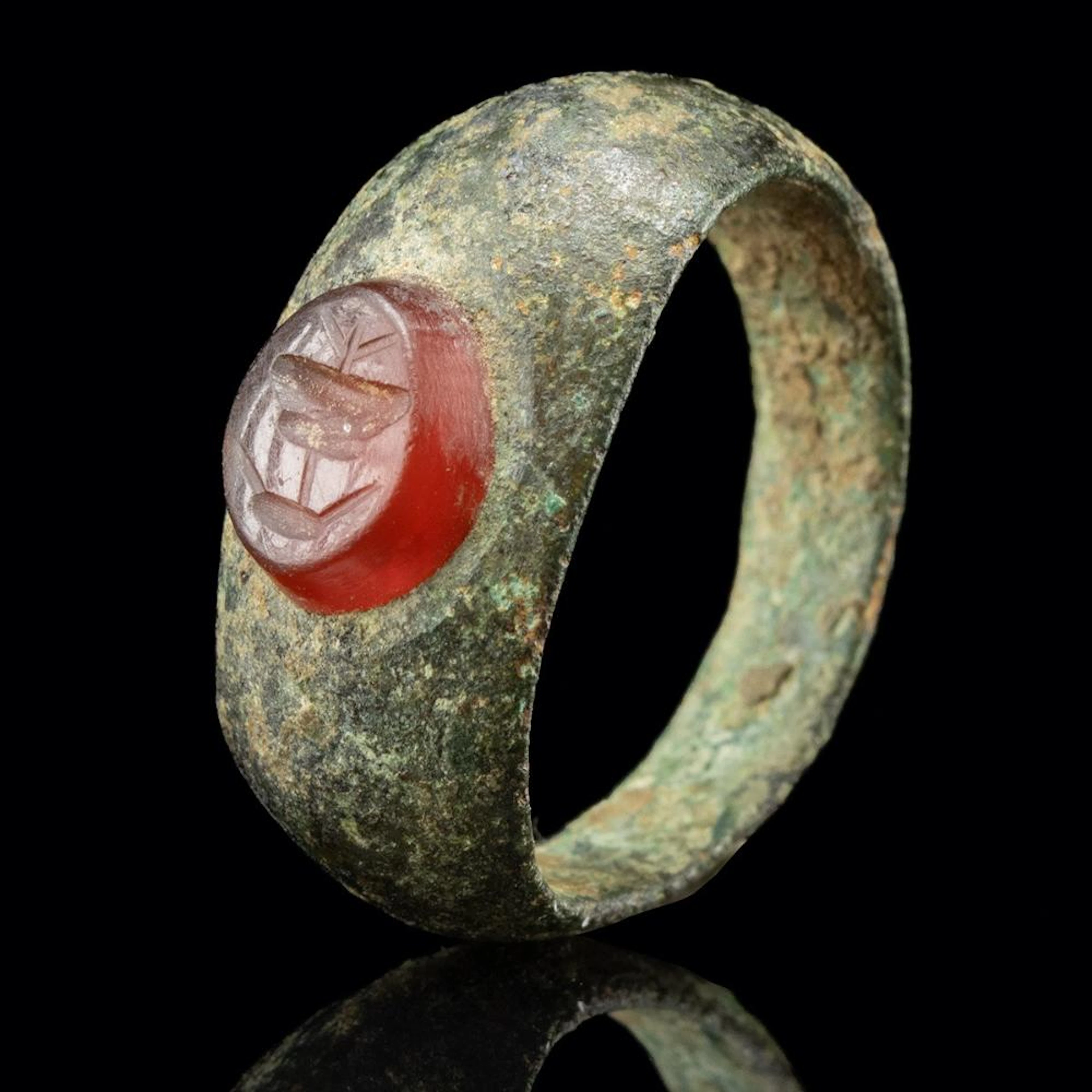 Roman Bronze Ring | Carnelian Intaglio, Abstract Vessel or Plant Motif