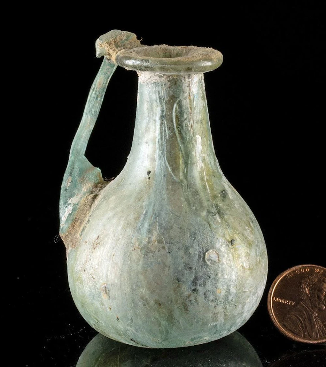 Roman Miniature Handled Glass Unguent Jug | Thumbed Ribbon Handle