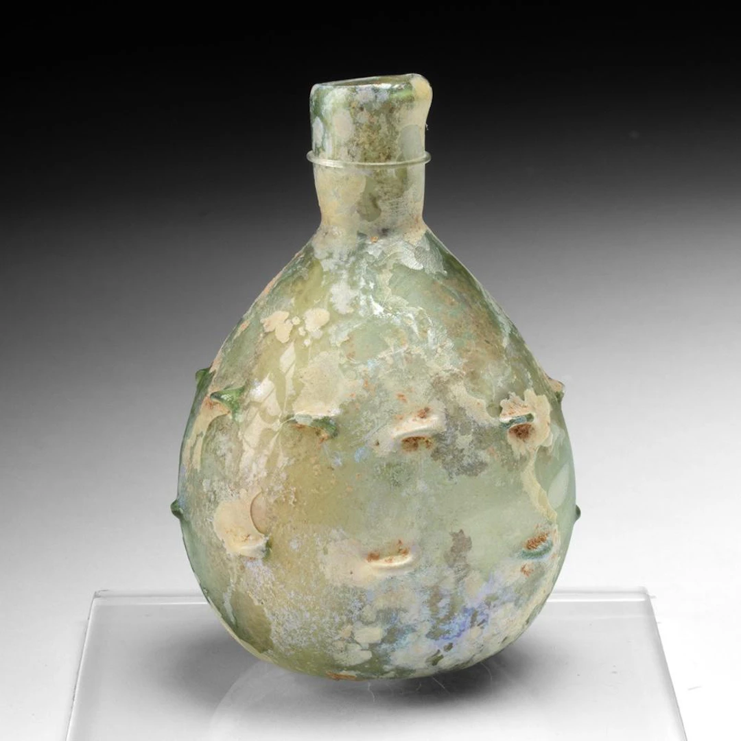 Roman Empire Green Glass Flask with Pinched Nodules
