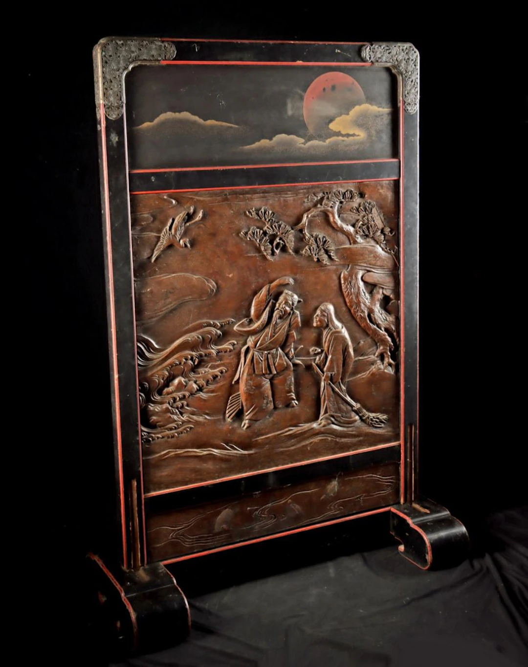 Monumental Japanese Meiji Wood Screen Takasago Couple Jo and Uba