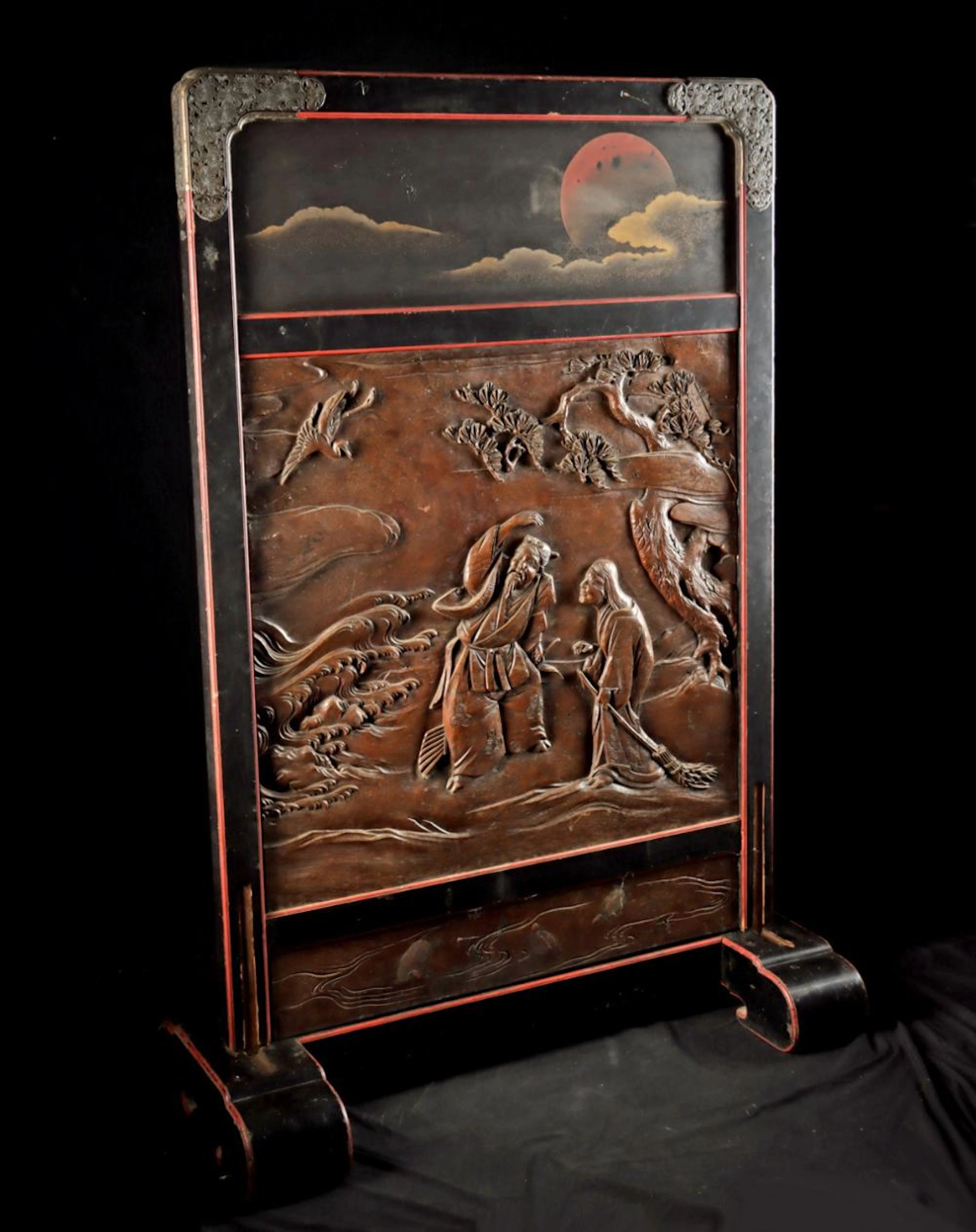 Monumental Japanese Meiji Wood Screen Takasago Couple Jo and Uba