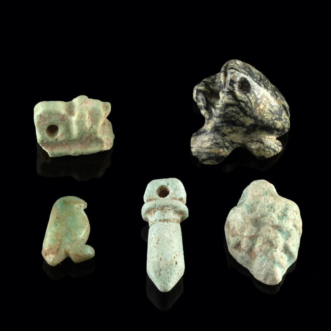 Five Egyptian & Levantine Stone & Faience Amulets - Frog, Falcon