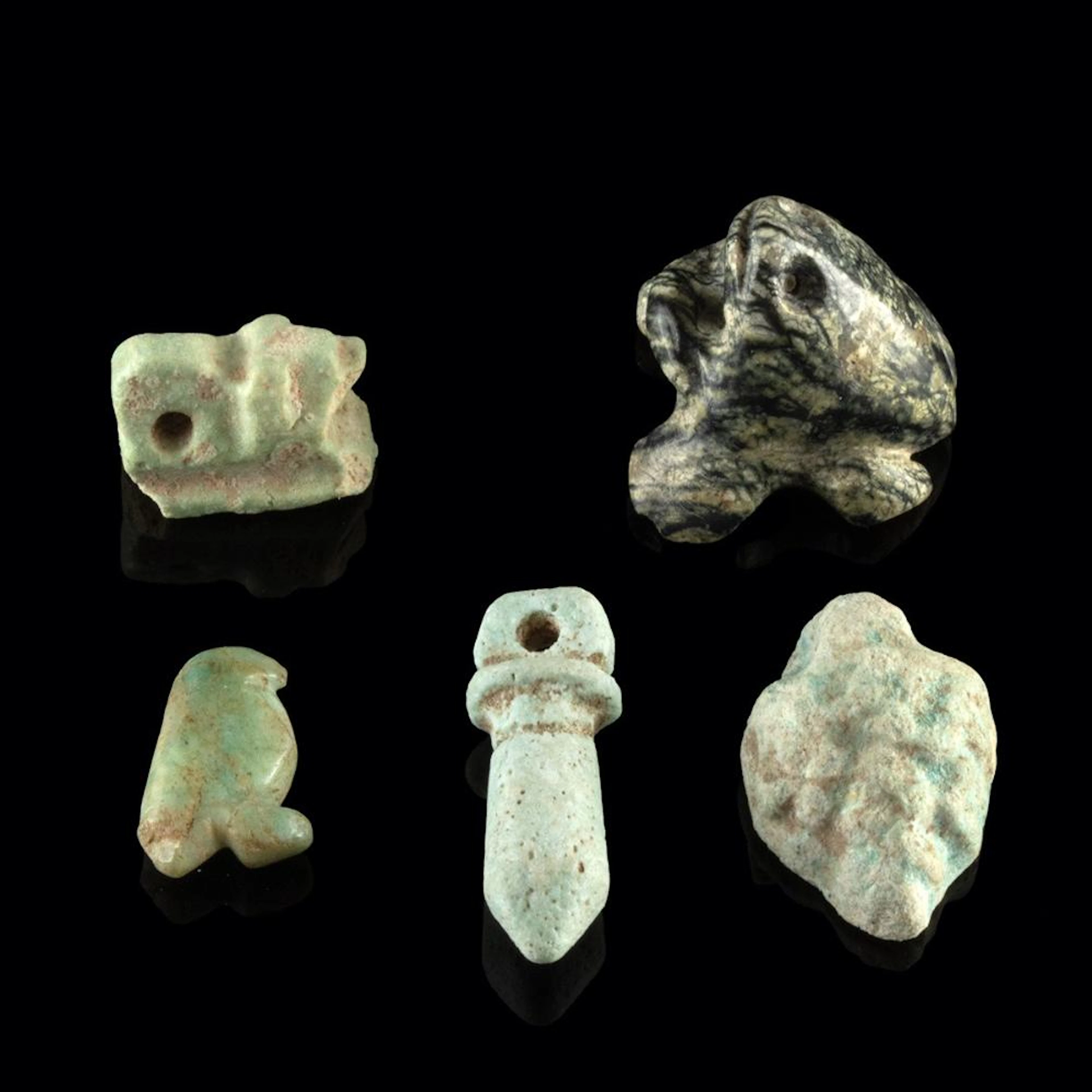 Five Egyptian & Levantine Stone & Faience Amulets - Frog, Falcon
