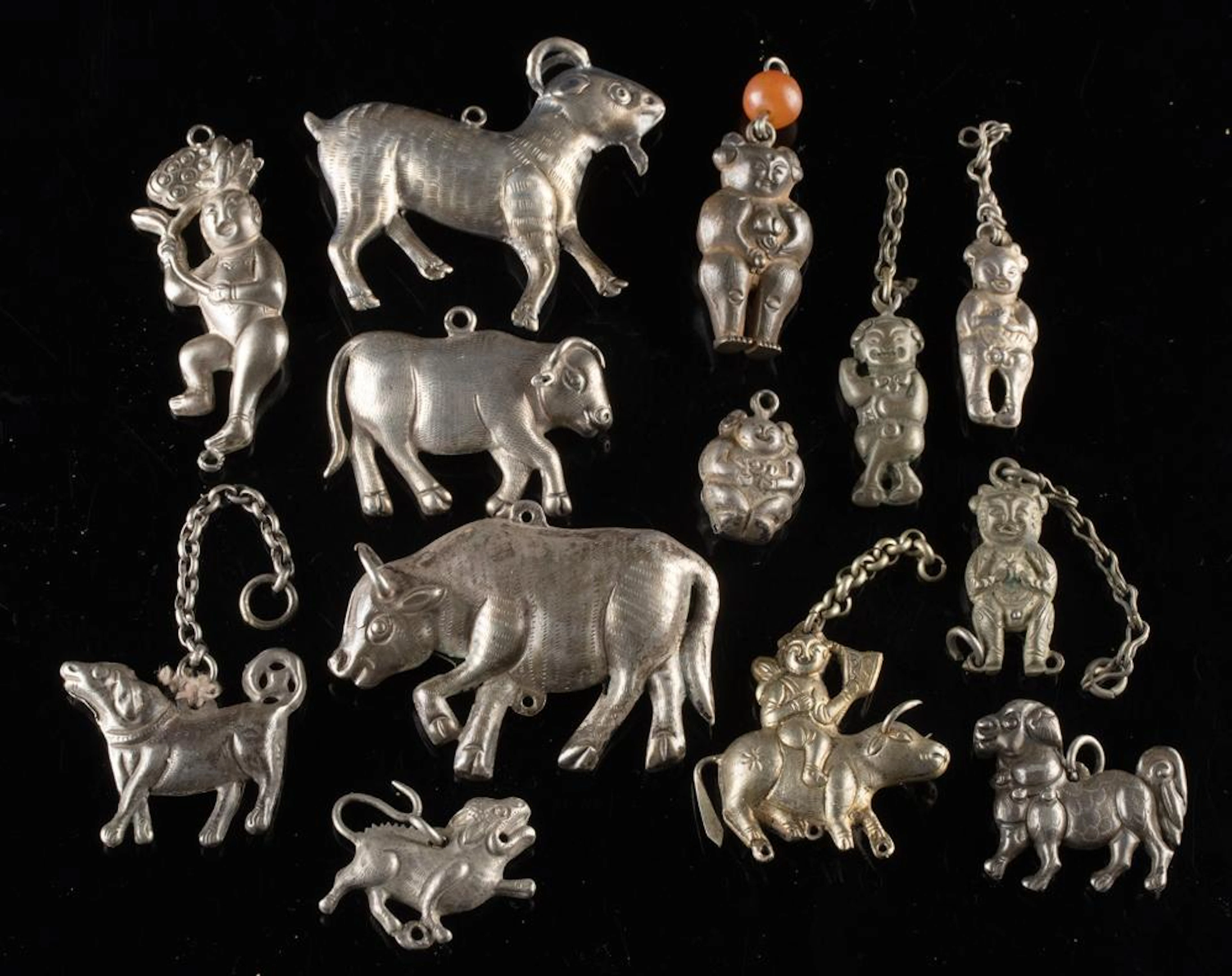 Chinese & Mongolian Silver Charms of Figures + Animals