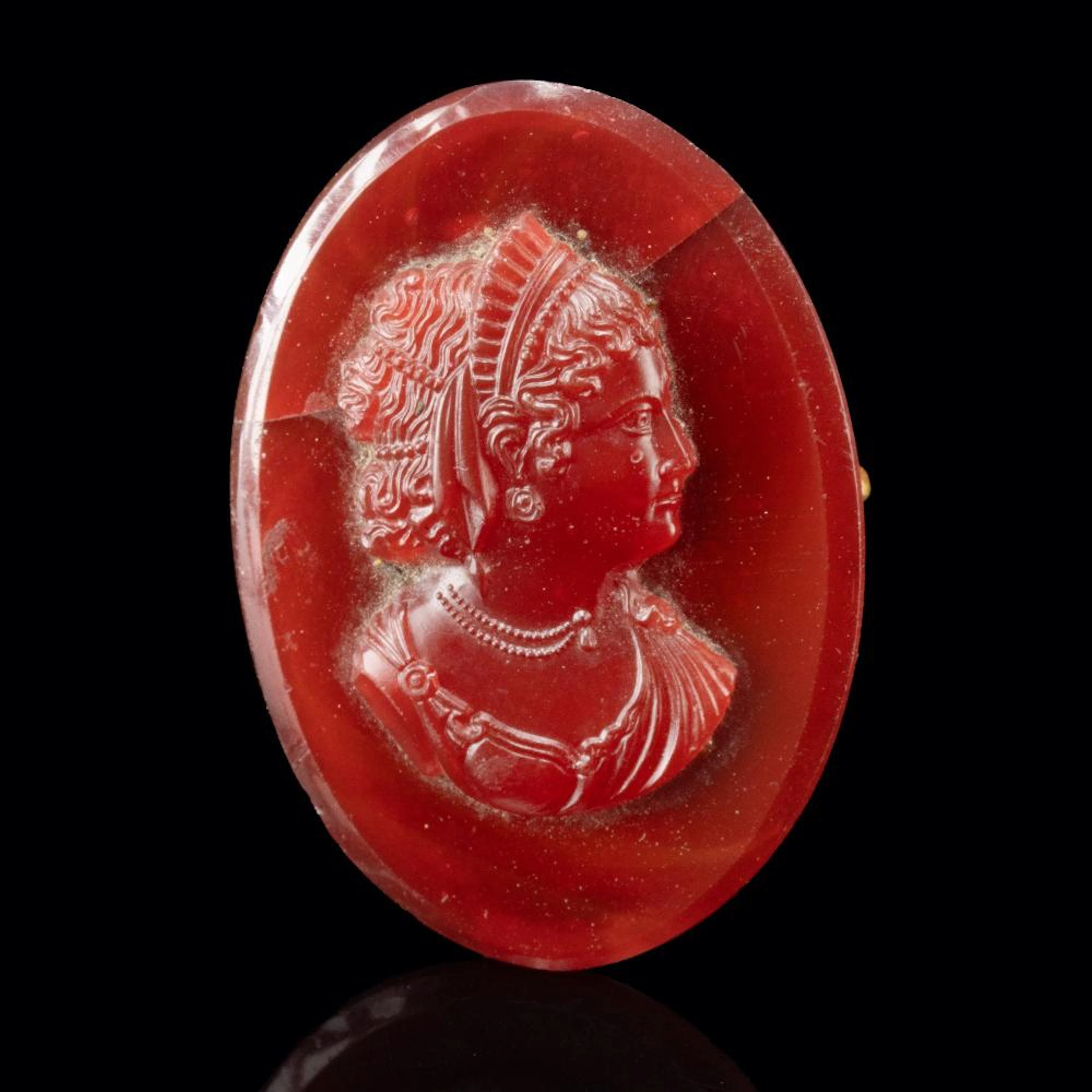 19th C. Large Neoclassical Molded Glass Cameo Brooch, Bust of a Noblewoman