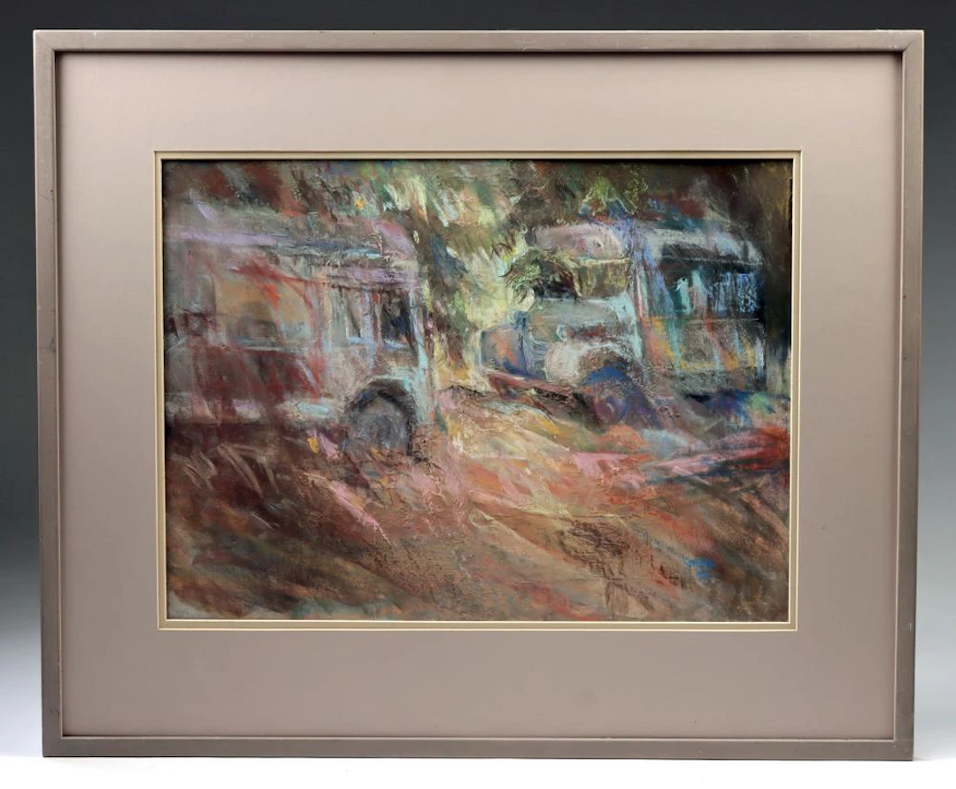 Arthur Knebel Pastel Painting – Old Buses & Trucks, Signed 1990