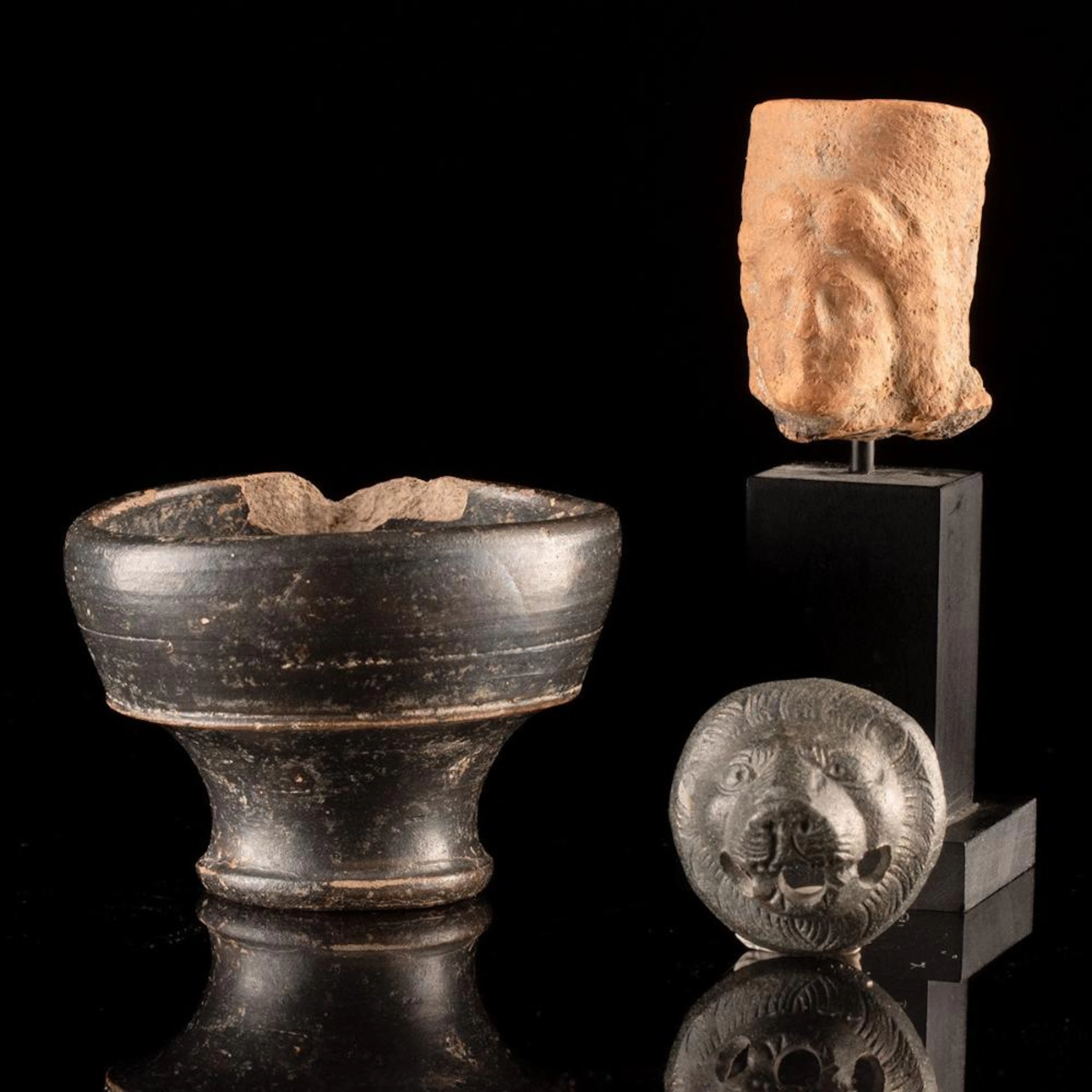 Greco-Roman Terracotta Female Head, Blackware Cup, Bronze Lion Head