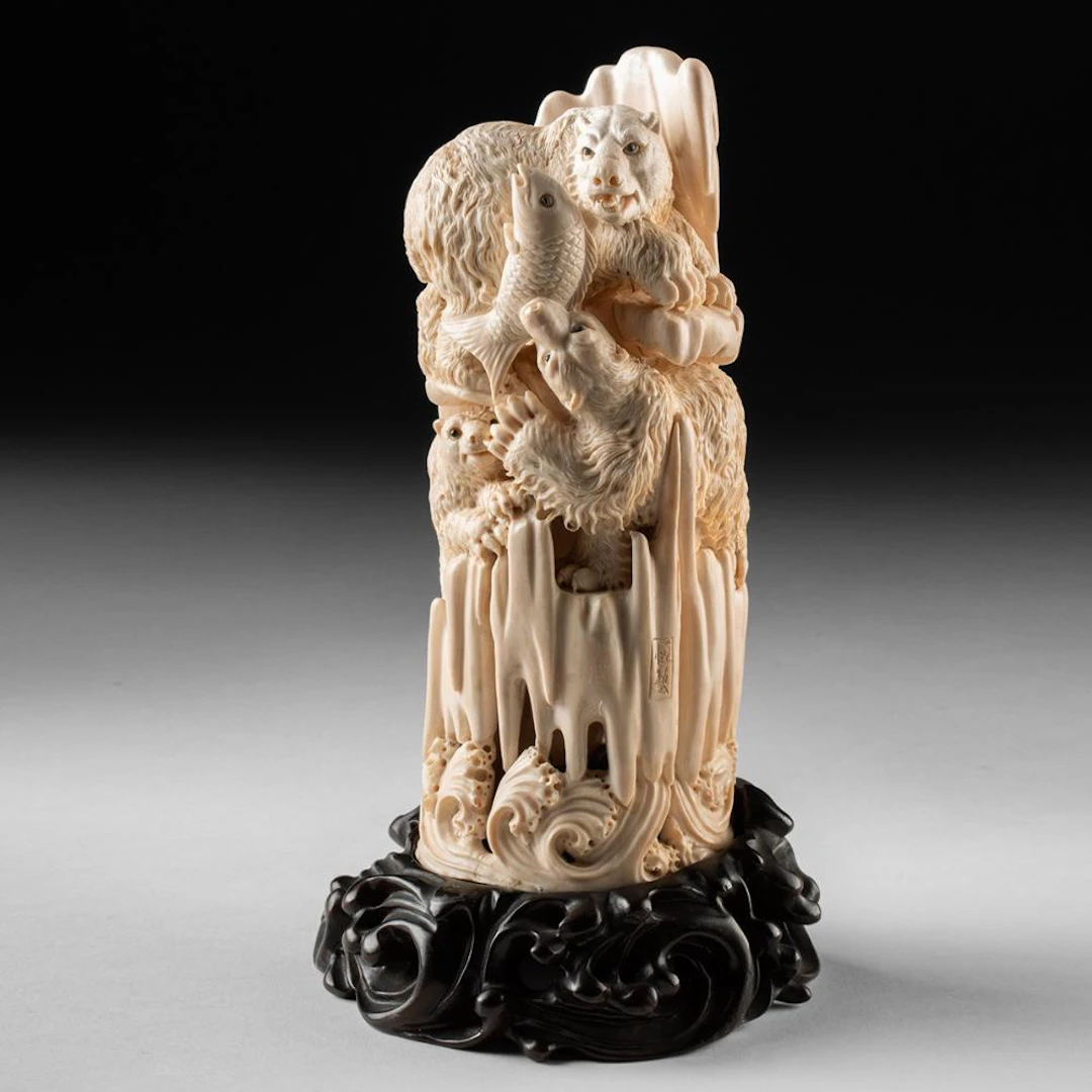 Chinese Mammoth Ivory Tusk Carving of Three Bears Fishing for Salmon, Heng Yi