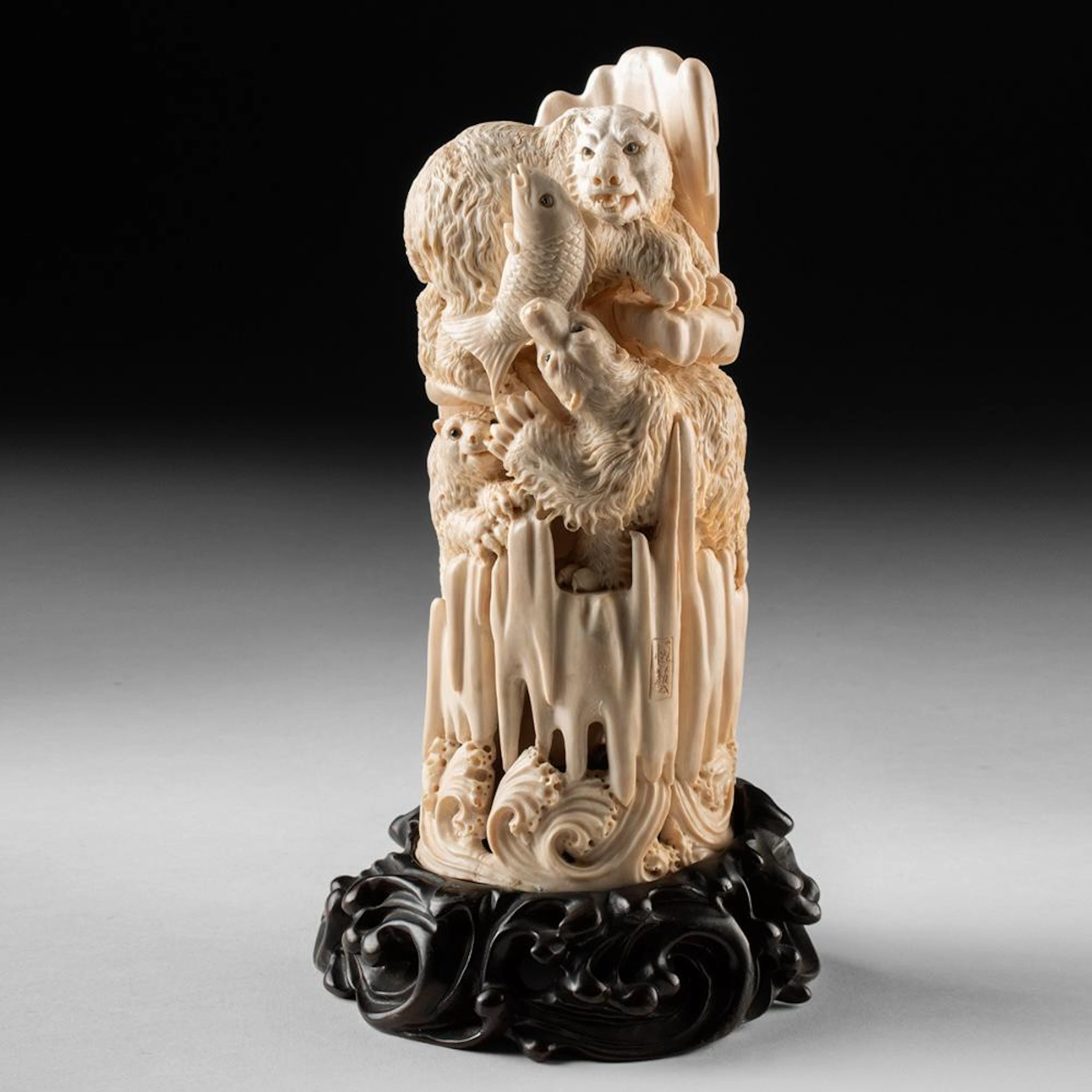 Chinese Mammoth Ivory Tusk Carving of Three Bears Fishing for Salmon, Heng Yi