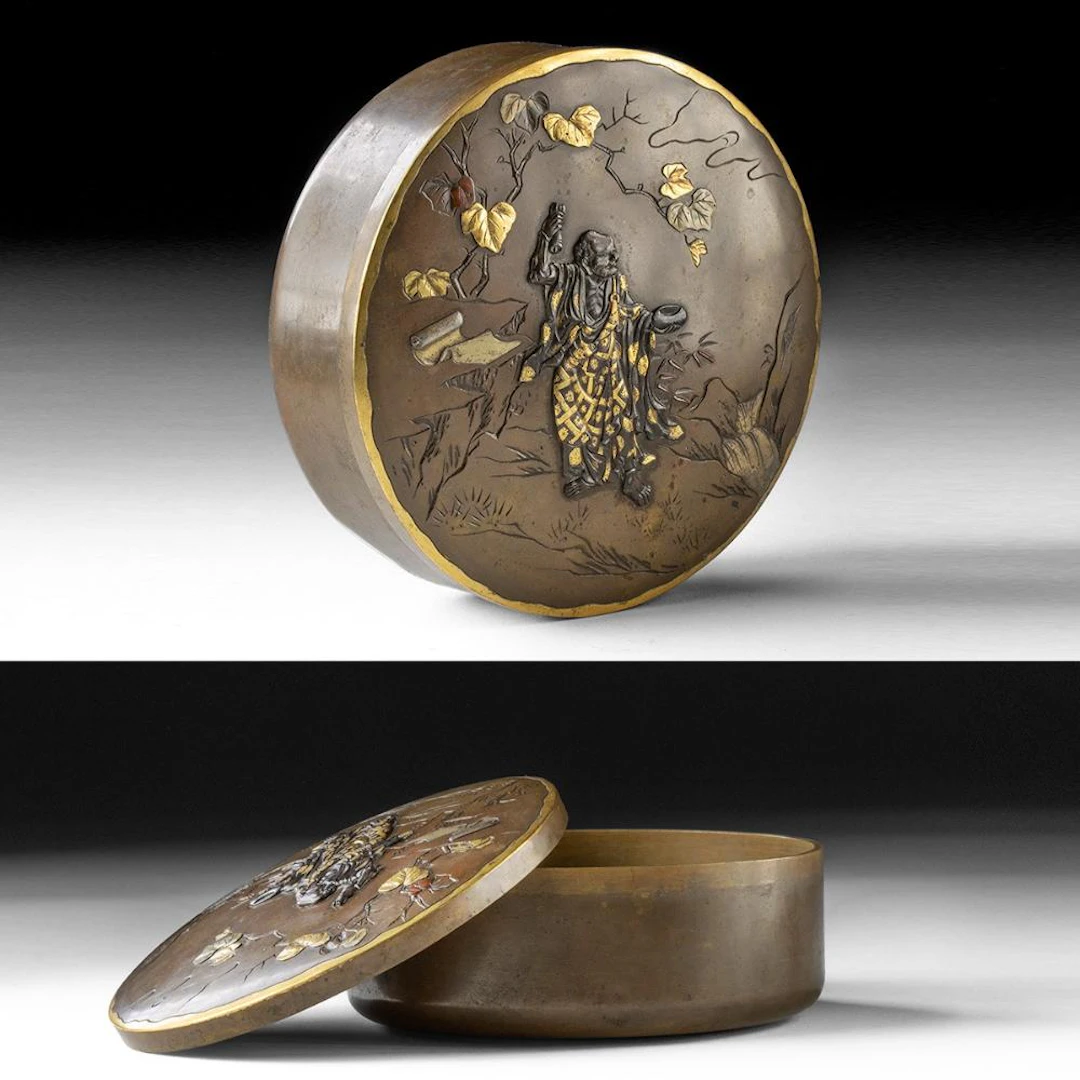Kumagai Kyoto Mixed-Metal Brass Box with Shakudo Sage Onlay, Meiji-Taisho