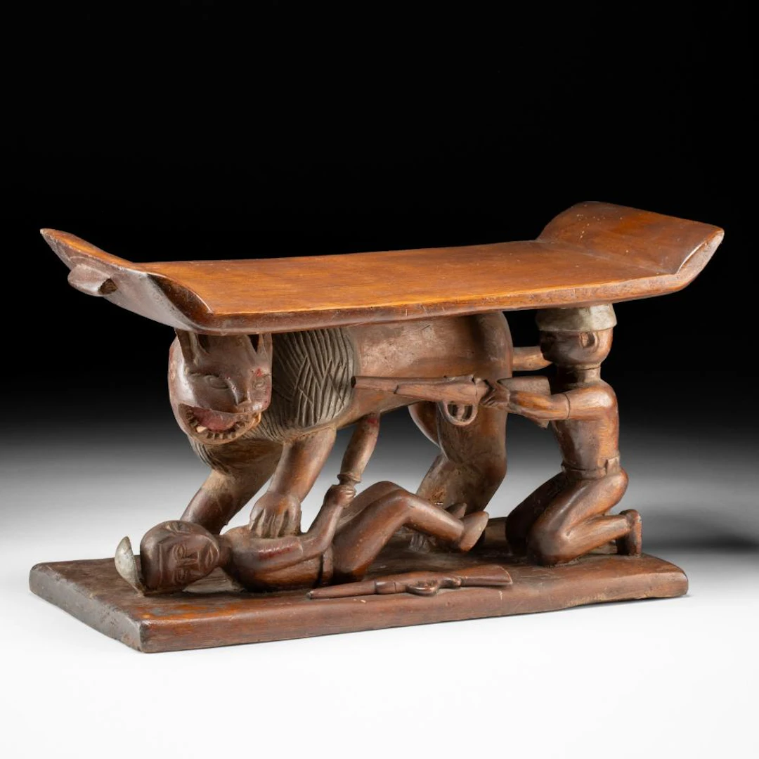 20th C. Ashanti Carved Wood Stool or Headrest with Hunters and Lion