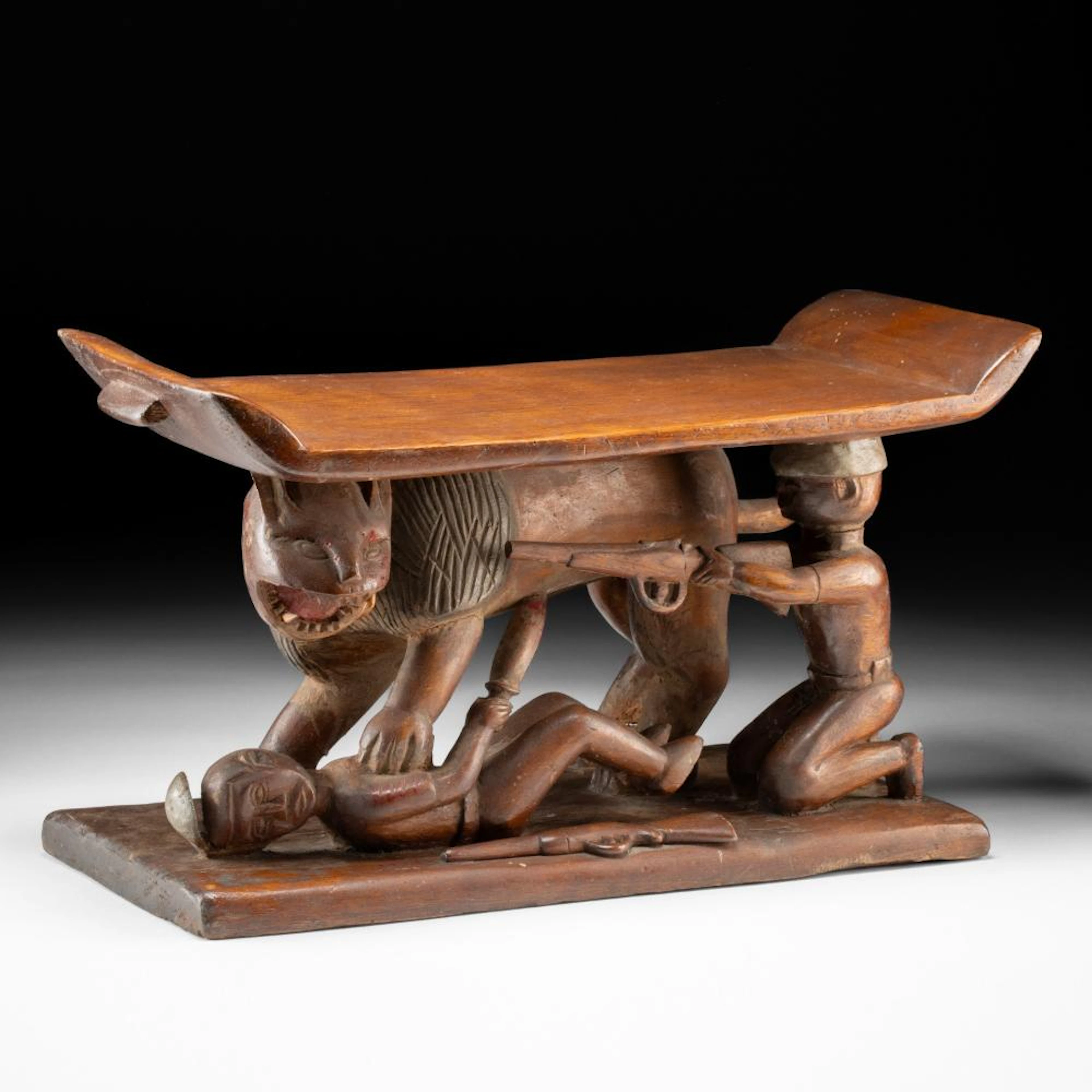 20th C. Ashanti Carved Wood Stool or Headrest with Hunters and Lion