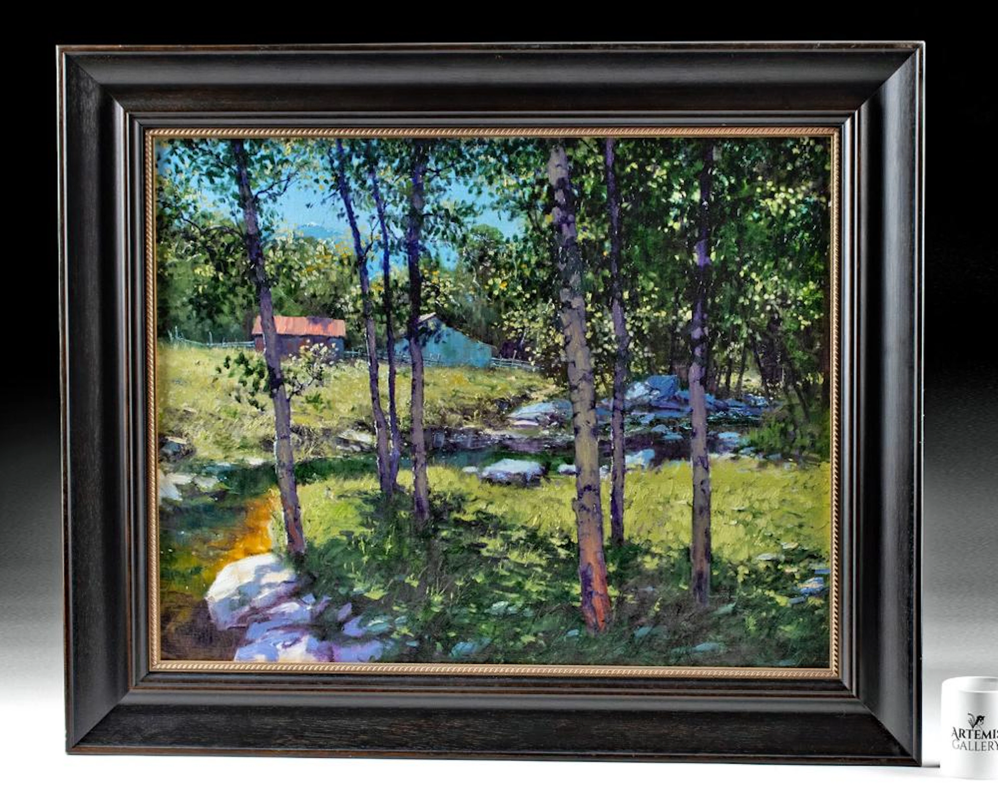 Michael Ome Untiedt Painting - "Red Barn with Creek"