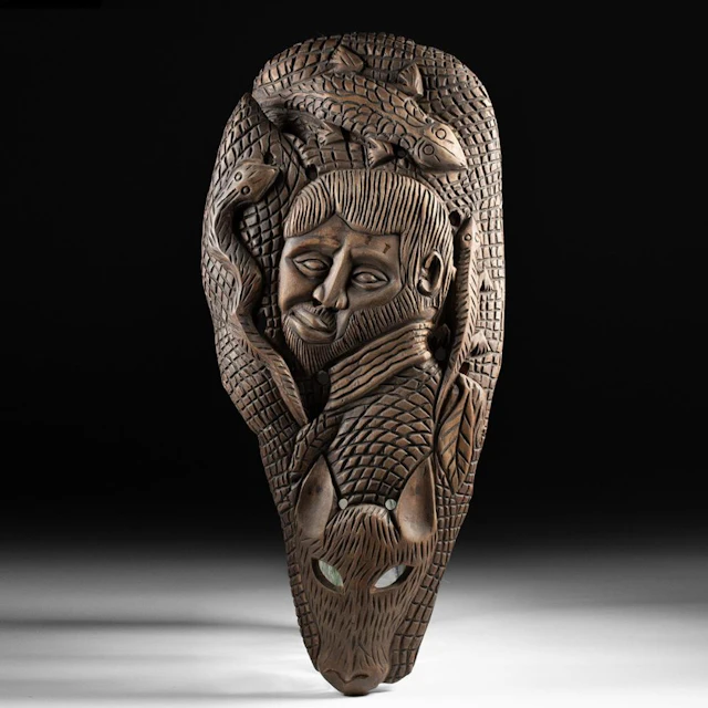 20th C. Brazilian Carved Wood Relief Panel - Man, Donkey, Serpents