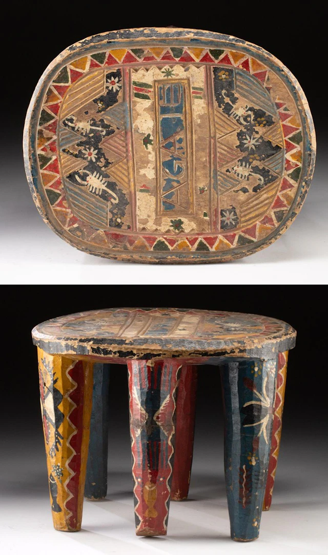 Vibrant Nupe Agaie Wood Stool w/ Animal Symbols