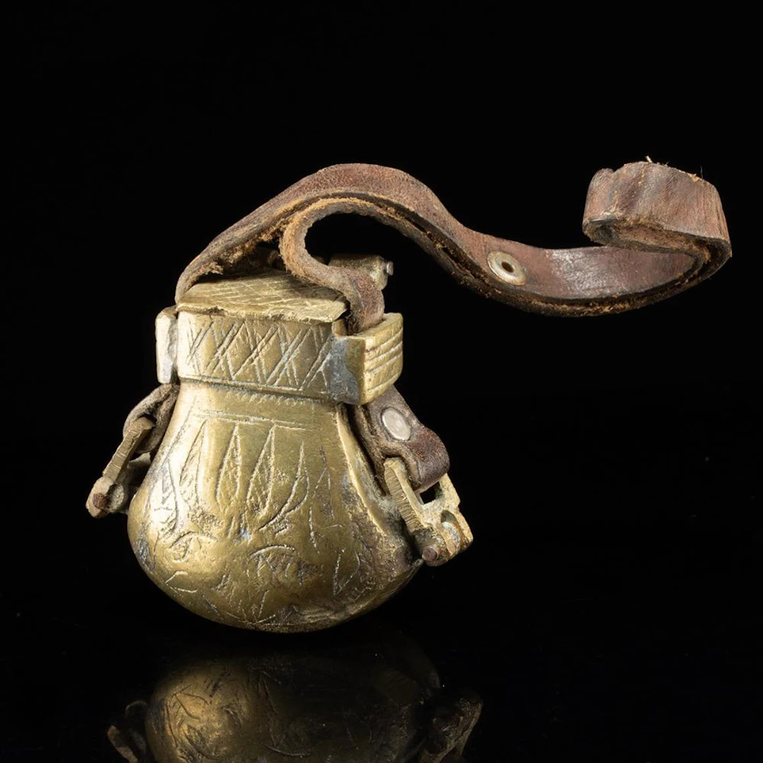 19th C. Ottoman Brass Gunpowder Pouch w/ Leather Strap