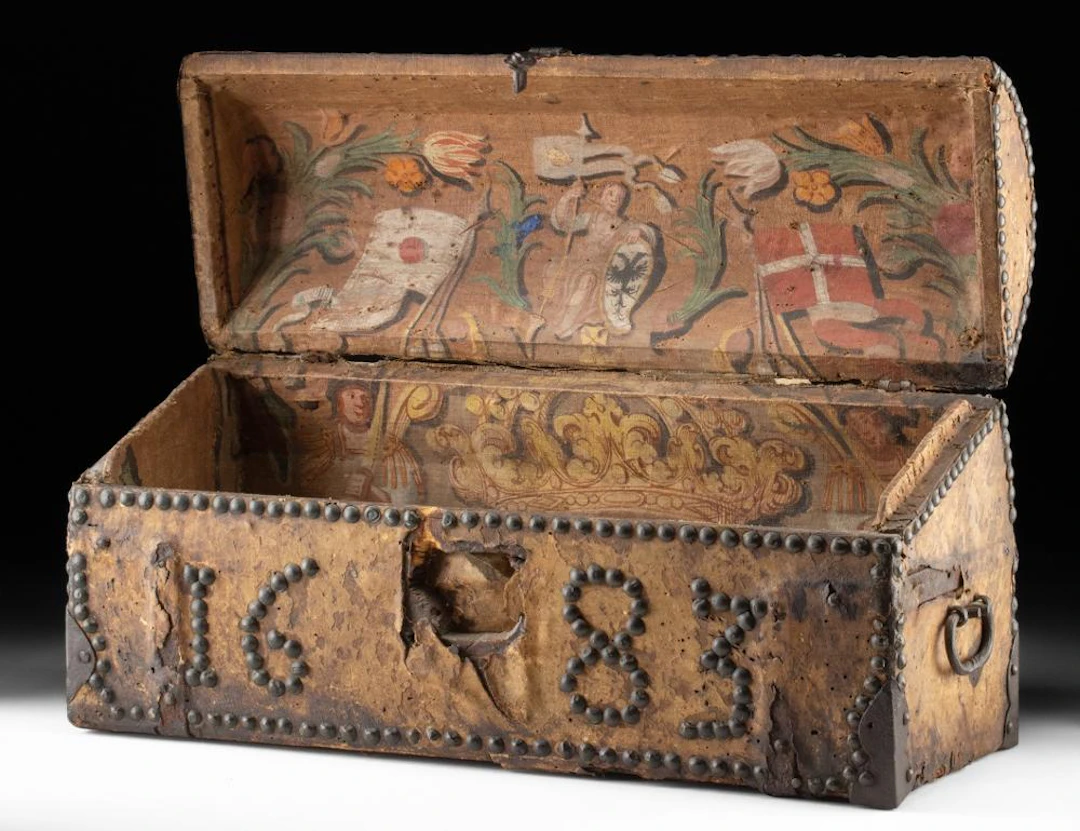1683 Armorial Chest, Stuart Royal Arms, Iron-Mounted Hide