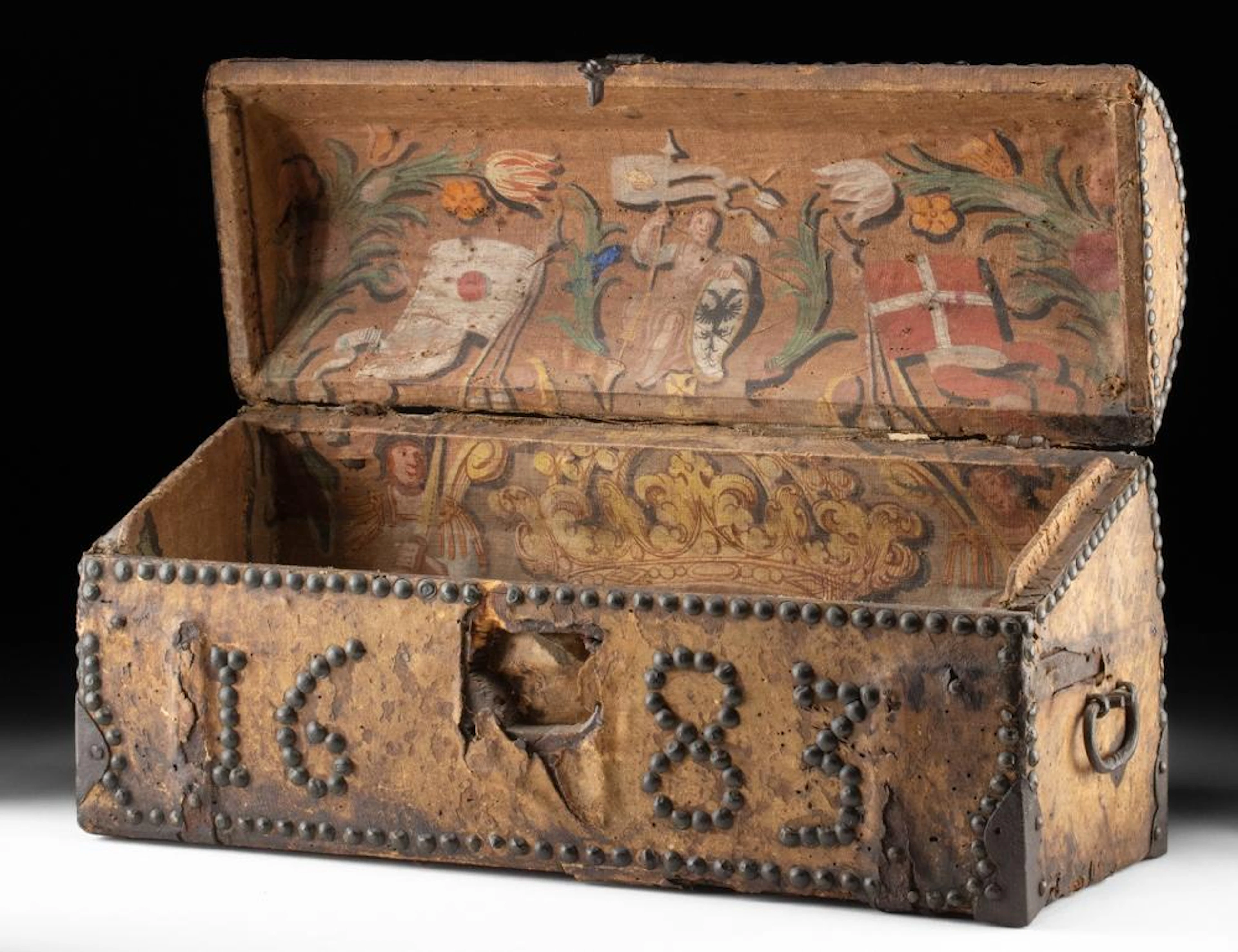 1683 Armorial Chest, Stuart Royal Arms, Iron-Mounted Hide
