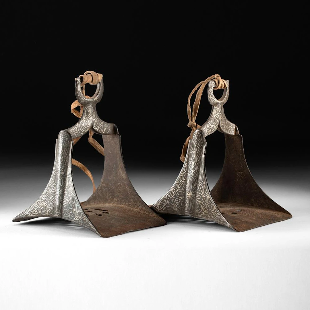 Two 19th C. Moroccan Silvered Iron Stirrups - Floral Scrollwork