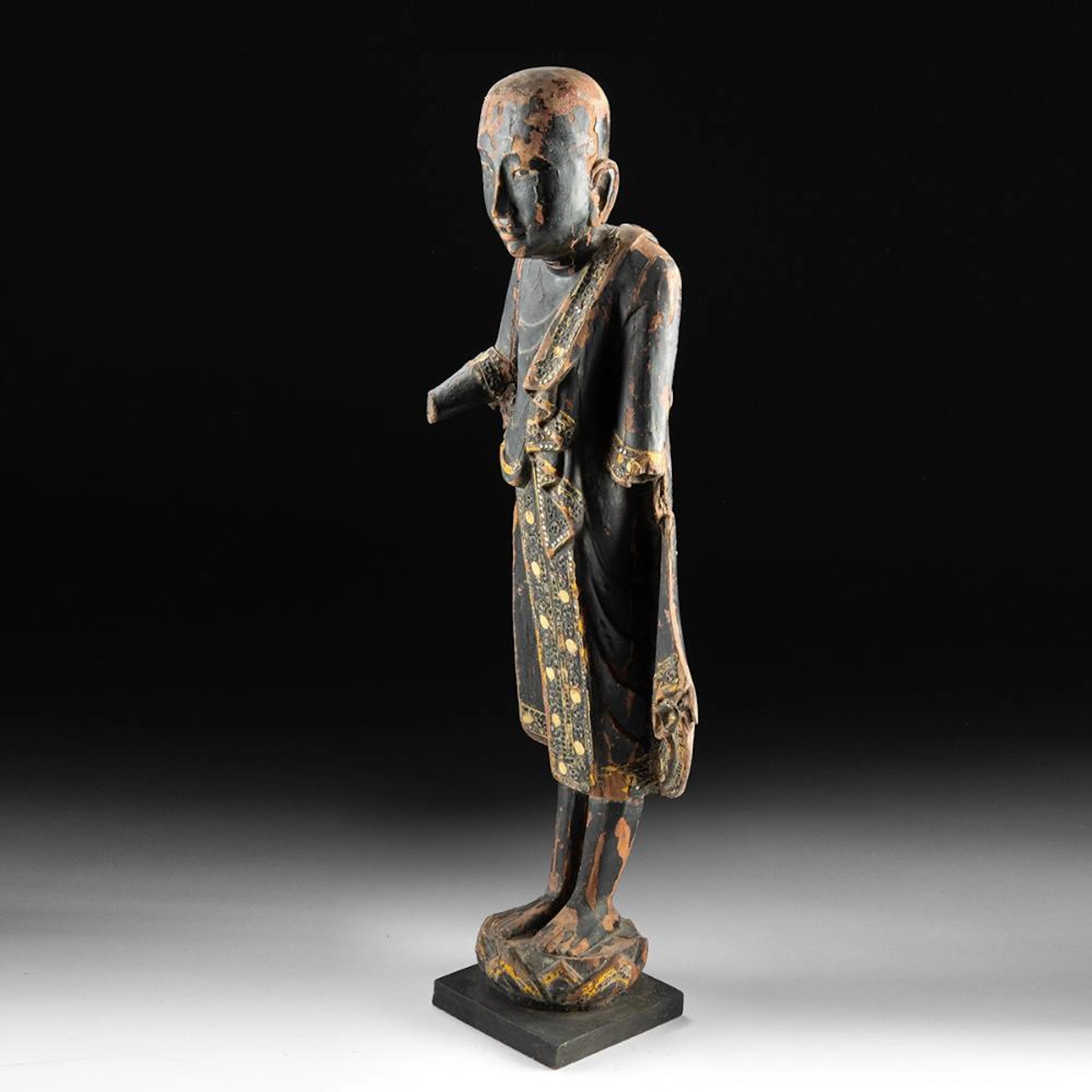 19th C. Burmese Mandalay Wood Buddha, Glass Inlay