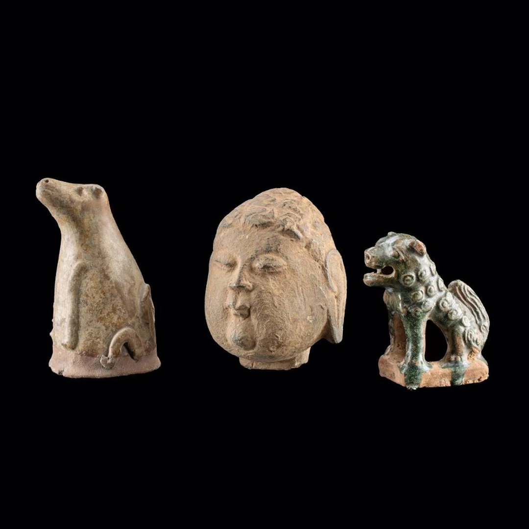 Ancient Chinese Pottery & Stone Group - Buddha Head & Two Animal Figures