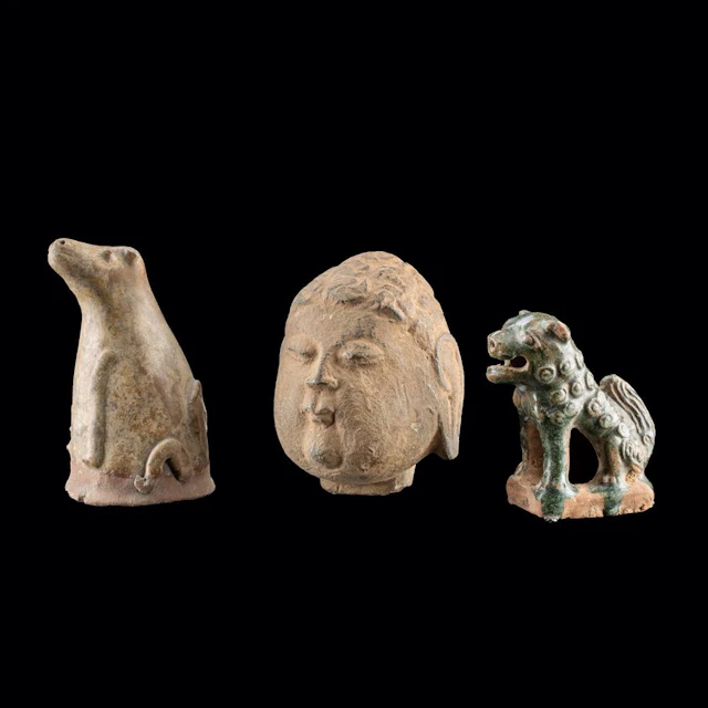 Ancient Chinese Pottery & Stone Group - Buddha Head & Two Animal Figures