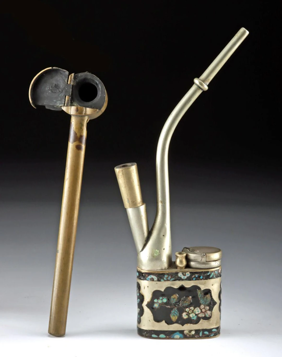 Chinese Cloisonné Opium Pipe + Japanese Brass Yatate