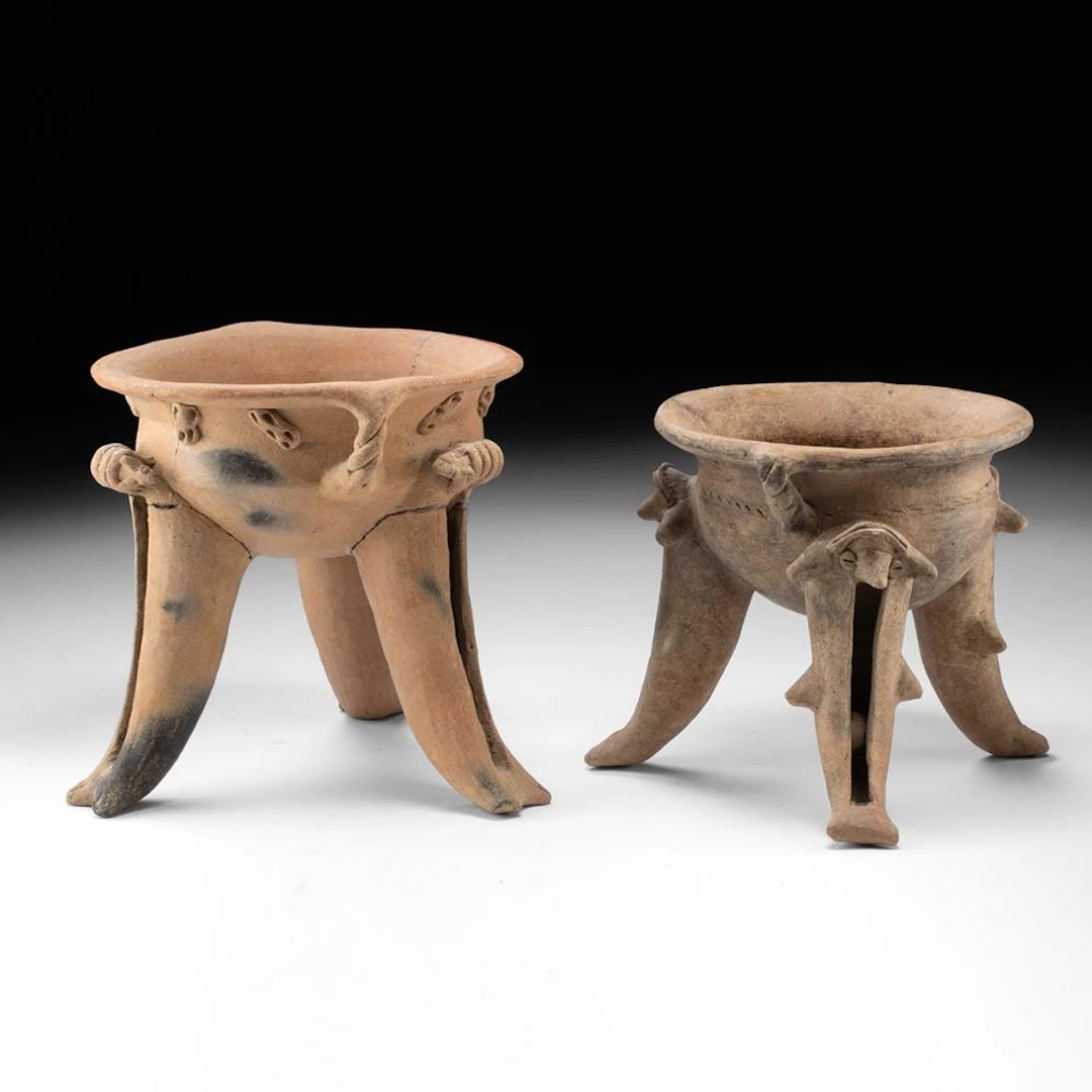 Two Ancient Costa Rican Terracotta Tripod Rattle Bowls - Zoomorphic Supports