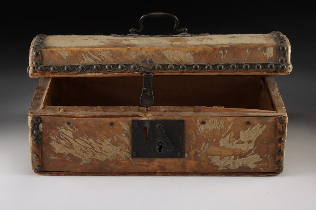 18th C. Spanish Colonial Hide-Covered Document Box - Iron Lock & Brass Tacks
