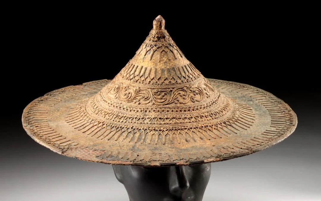 19th C. Thai / Khmer Lacquered Ceremonial Hat, Relief Scrollwork, Stupa Form
