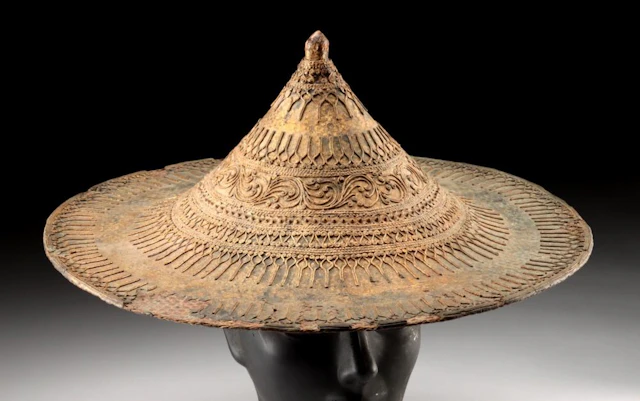 19th C. Thai / Khmer Lacquered Ceremonial Hat, Relief Scrollwork, Stupa Form
