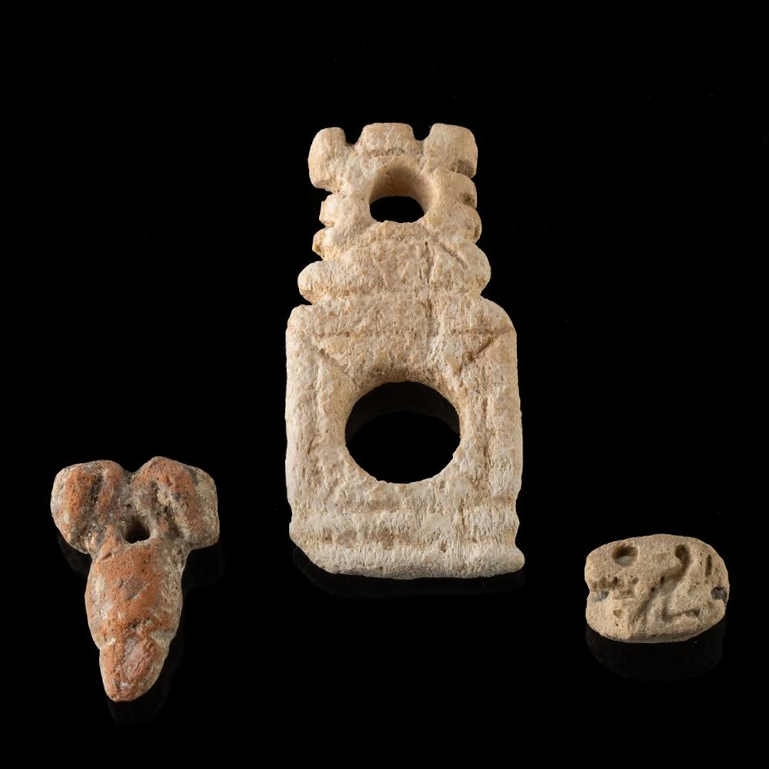 3 Egyptian Amulets - Faience Scarab, Coptic Bone Ornament, & Terracotta Phallus