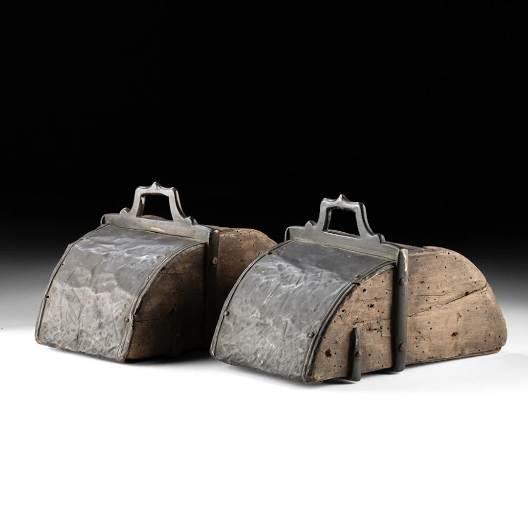 19th C. Colonial Wood & Brass Box Stirrups - Pair of Tapaderos
