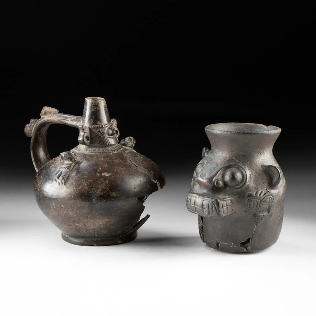 Chimu Blackware Vessel Pair - Sican Deity Bottle & Feline Effigy Jar