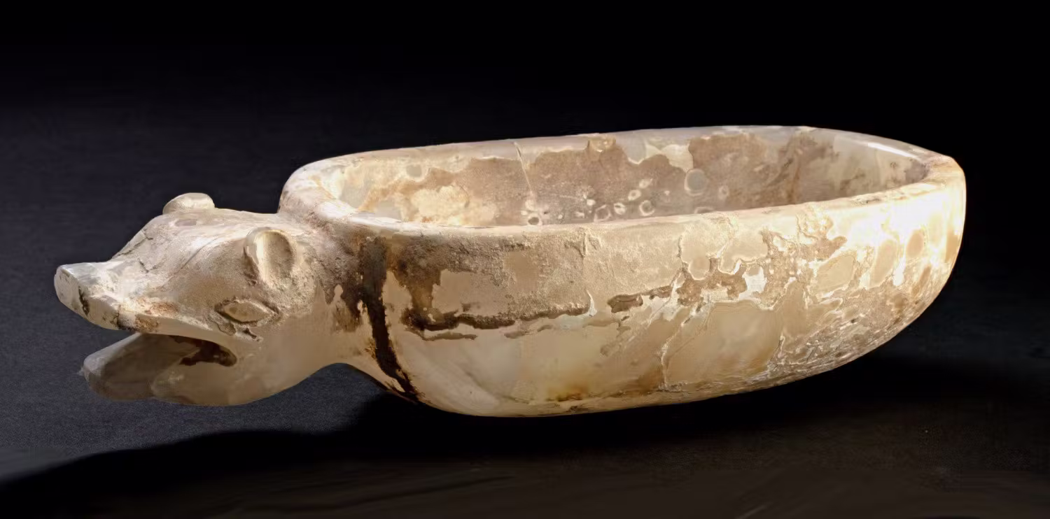 Rare Mixtec Alabaster Jaguar Effigy Bowl - Projecting Head, Curled Tail